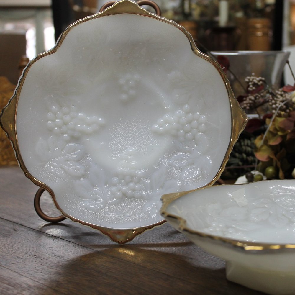 2 Vintage Anchor Hocking White Milk Glass Embossed bowls